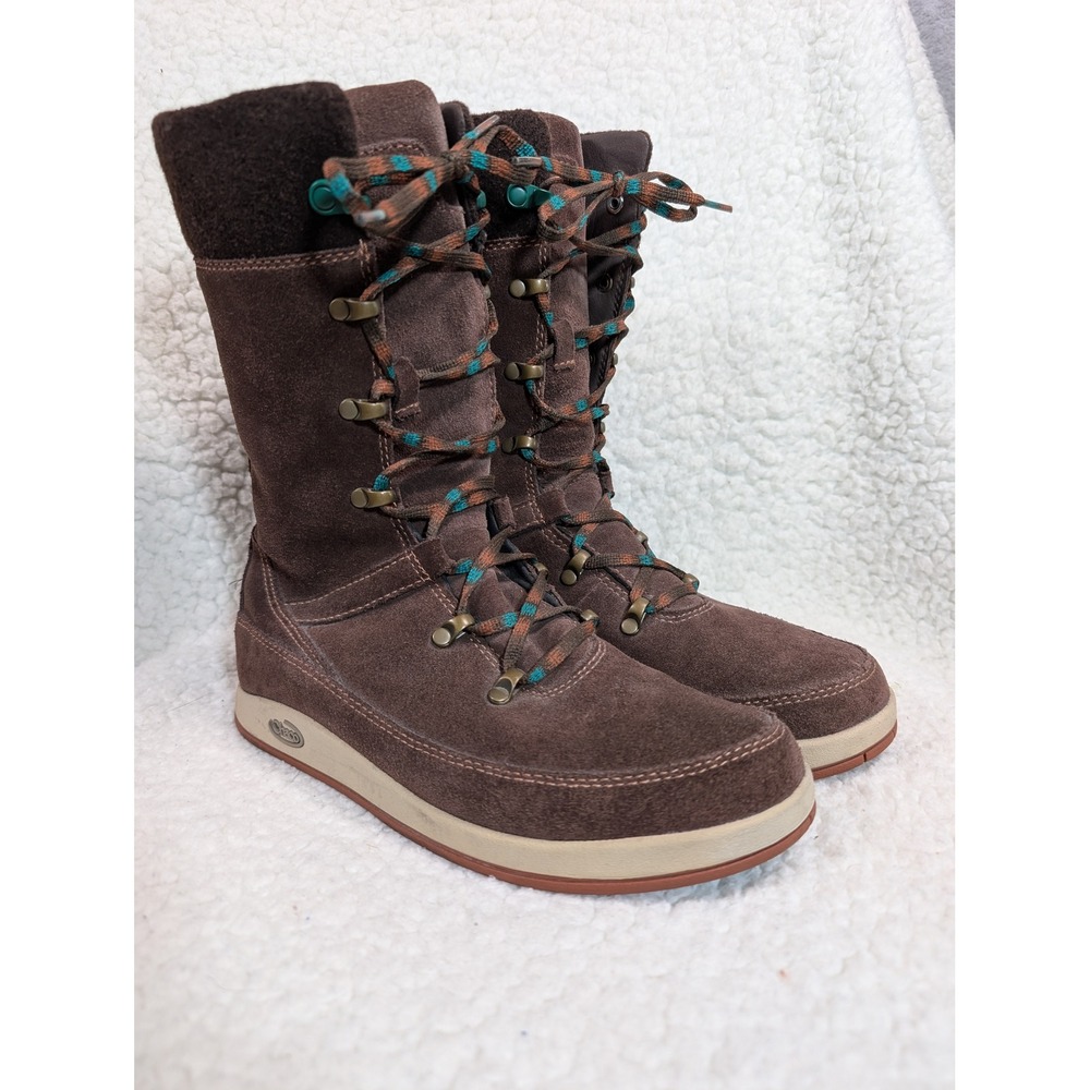 Chaco Uma Leather Suede Boots Brown Lace Up Mid Calf Teal Accents Womens 7.5